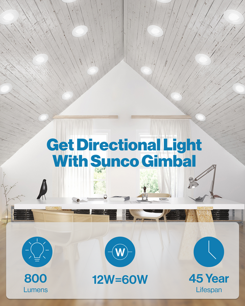 Sunco 4-Inch LED Gimbal Downlight - 850 Lumens, Dimmable, Selectable CCT (2700K-6000K), 12W, ETL & FCC Listed