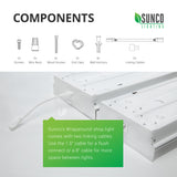 Components of the 50W 7-inch Prisma LED Wraparound Shop Light from Sunco Lighting include: 2x screws, 3x wire nuts, 4x wood screws, 2x end caps, 4x wall anchors, and 2x linking cables. The two linking cables are for different spacing of the light fixtures. Use the 1.5 inch cable for flush connection and the 8-inch cable for more space between your lights.