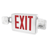 The Sunco 2 Head LED Exit Sign, shown here at an angle so you can see the adjustable LED heads with their bright, LED light on either side of the US Standard Red Letter signage. Easily pop out the knockouts to reveal directional arrows with the same, bright red. Exit sign is backlit with a fire resistant housing.