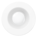This image shows the 5/6-inch retrofit downlight seen from below. The wide exterior trim and baffle trim surrounds the LED lens in the center. The evenly spaced baffle trim helps minimize glare and provide a softer light quality. This 1050lm light fixture has a long life with 35,000 lifetime hours. It is a 13W LED with a 75W equivalency. 