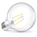 Seen here at an angle, the Sunco Lighting G25 LED Bulb with its globular, classic g-series light bulb shape offers vintage look in your home or commercial space. The LED filament is instantaneous; there is no waiting for the light to warm up. The popular retro style appeals to many people and with its E26 base it will fit in most household fixtures or pendant lamps. Great when strung on string lights or above a kitchen or restaurant bar to create visual interest and an appealing light quality.