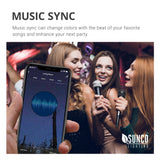 Music Sync. Change colors to the beat of your favorite songs and enhance your next party with the music sync settings in our app. This G25 LED Smart Bulb can be controlled on its own or in a group. Learn more about all the setting options in our install manual. Images shows 3 people dancing and singing into microphones at a house party with a closeup of the app on a compatible smart phone.