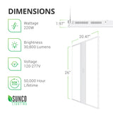 Dimensions of the Sunco 220W LED Linear High Bay. 26-inches long, 20.47-inches wide, 1.97-inches. Image shows the vents on the side of the fixture to allow for heat dissipation. Other technical specs: wattage 220W, brightness 30800 lumens, 100/277V, 50,000 hour lifespan. This LED linear high bay provides a streamlined, overhead area light that is fast to install and easily maintained. The LED is integrated so you won’t need to replace the bulb during the long lifetime of the light fixture.