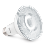 Sunco PAR30 LED Bulb Dusk to Dawn offers a narrow beam spread to create a spotlight. With its IP65 Rating, this wet rated light is suitable for use outdoors in landscaping, gardens, porches, patios, and more. Use it in dual light fixtures under your roof eaves or in recessed cans as downlighting or for signage. Shown here on its side with the E26 base, this bulb works well inside, too, for highlighting artwork or displaying statues and other decorative elements.