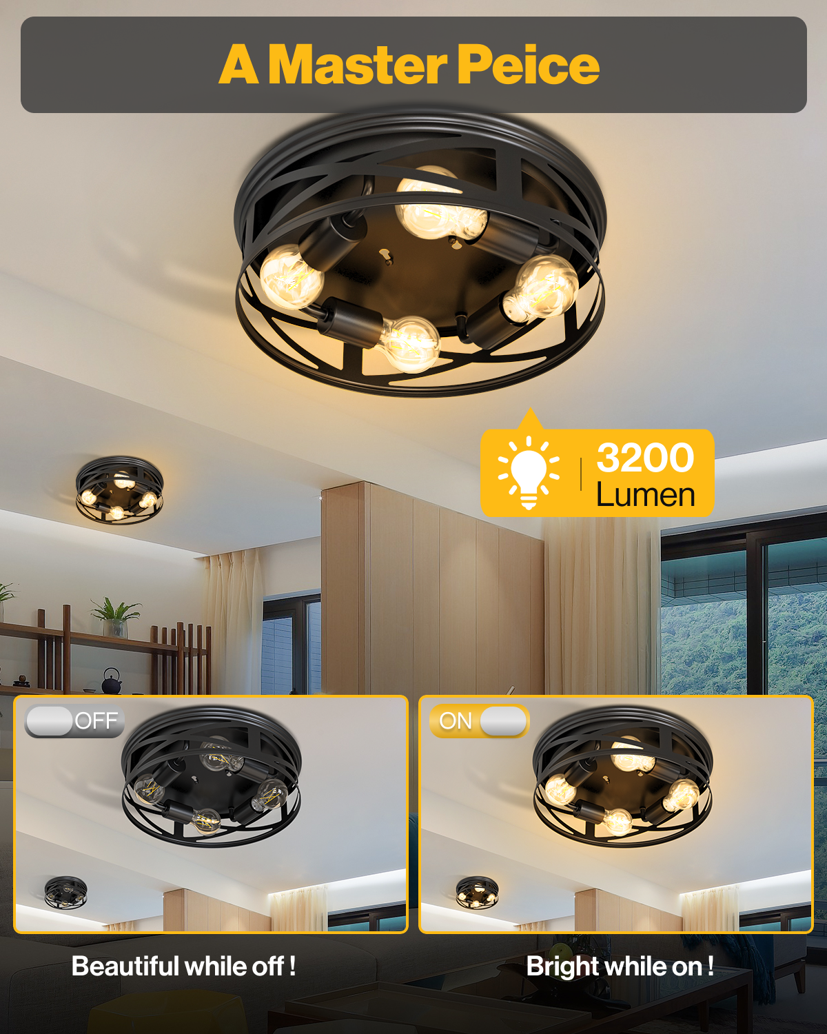 Arcadia 4-Bulb Industrial Ceiling Light with A19 Filament Bulbs, 3200 Lumens