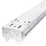 The 4ft LED Ready 2-Lamp Strip Fixture features a prismatic lens for low-glare illumination, non-shunted sockets, and dual-end pre-wiring for optimal lighting performance.