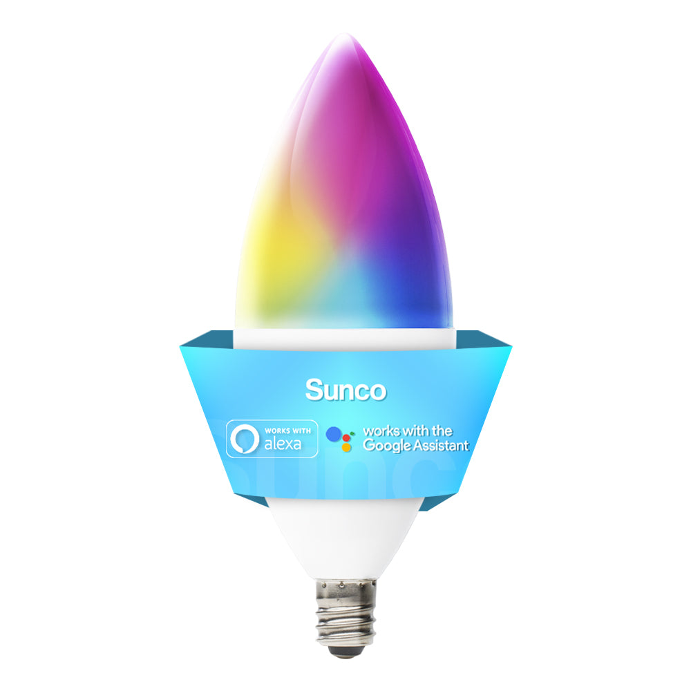 Change your light settings with the Sunco B11 LED Smart Bulb using your smart device and an app over WiFi. This LED bulb with a small E12 base fits in chandeliers and wall sconces. You can control light color temperature, warm color or cool color, smoothly dim the lights, select from millions of color choices on a color wheel, schedule lights on or off at set schedule times, music sync to the music, or voice control with your Amazon Alexa or Google Assistant. Bulk Buyer options available