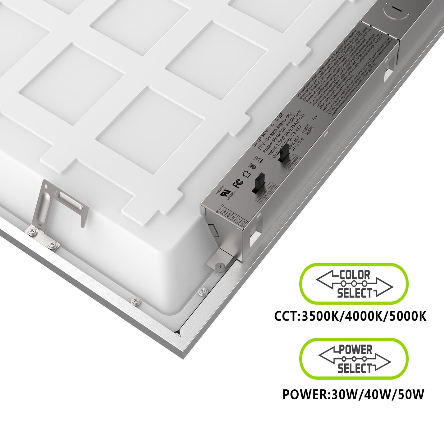 LED 2x4 Ceiling Panel Light, 30W/40W/50W, 120-347V, Selectable Wattage & CCT, 6600 Lumens