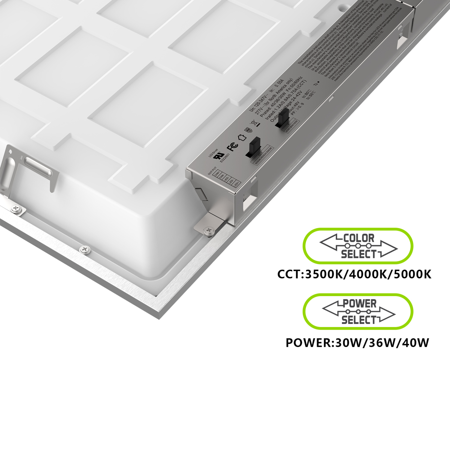 LED 2x2 Ceiling Panel Light, 30W/36W/40W, 120-347V, Selectable Wattage & CCT, 5200 Lumens