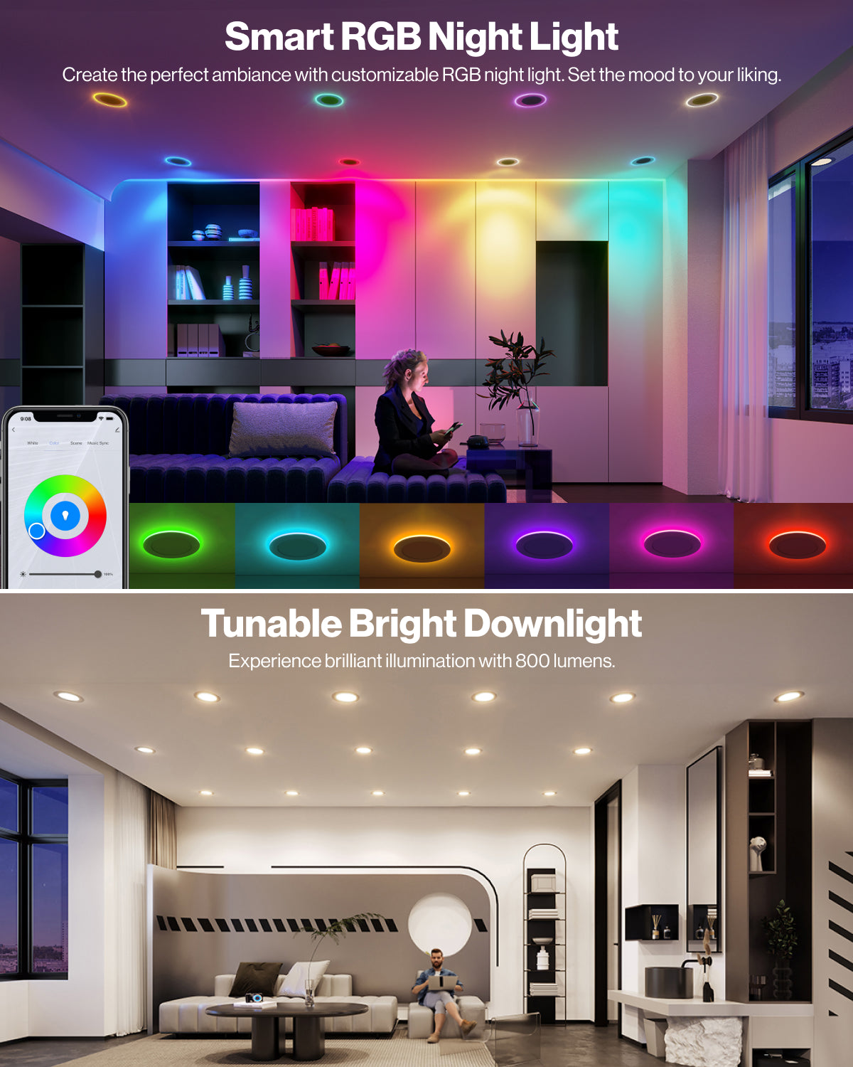 Tune the color temperature of the main light, or switch to the Night Light mode and change colors via the RGB rainbow color wheel on the Sunco app.