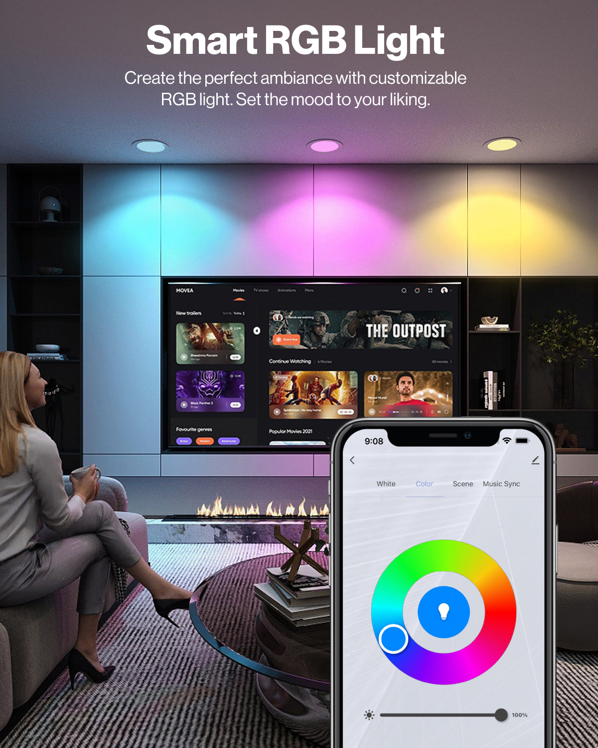 Tune the color temperature of the main light, or switch to the Night Light mode and change colors via the RGB rainbow color wheel on the Sunco app.