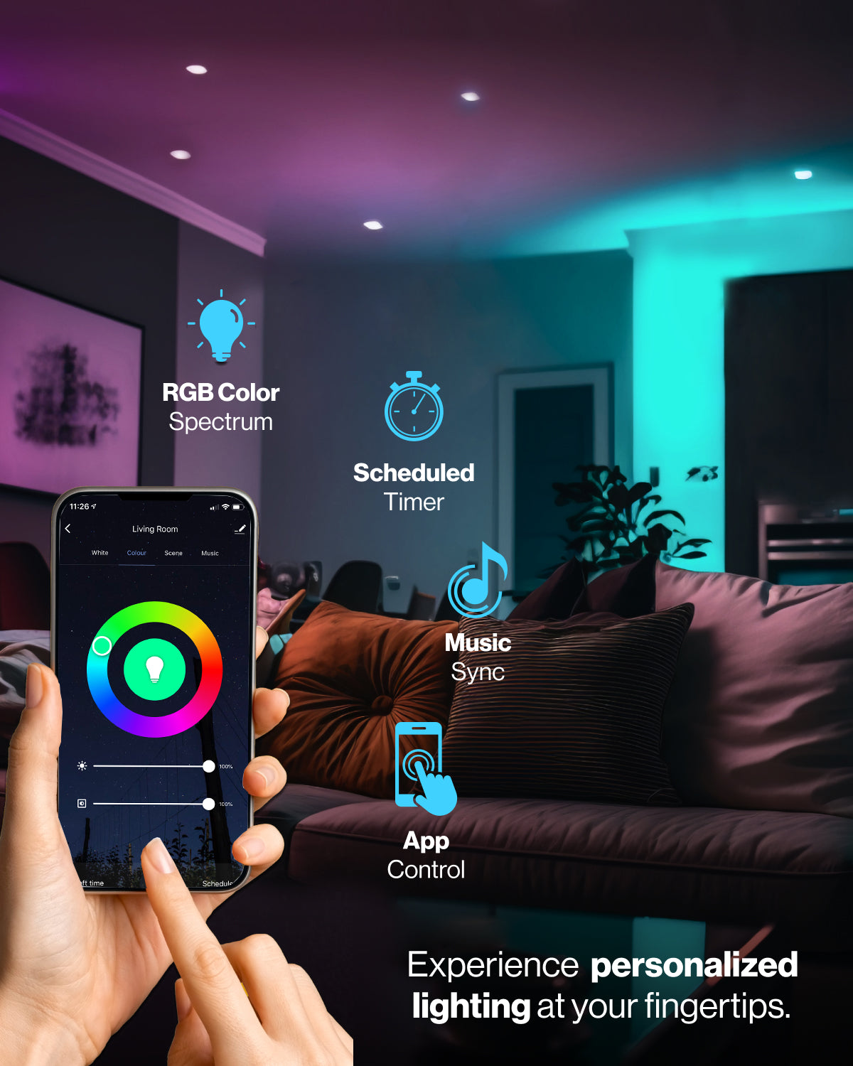 Easy to Use App. Customize light bulb settings. You can custom control your CCT white light color temperature with the app, control the app remotely with your phone – even if you are not at home – and customize the dimming or brightness of the light bulb. Adjust scheduling of each BR30 bulb for on or off times that you set in the app. Set a scene to change the mood and use music sync to change the light color based on the beat of your music.