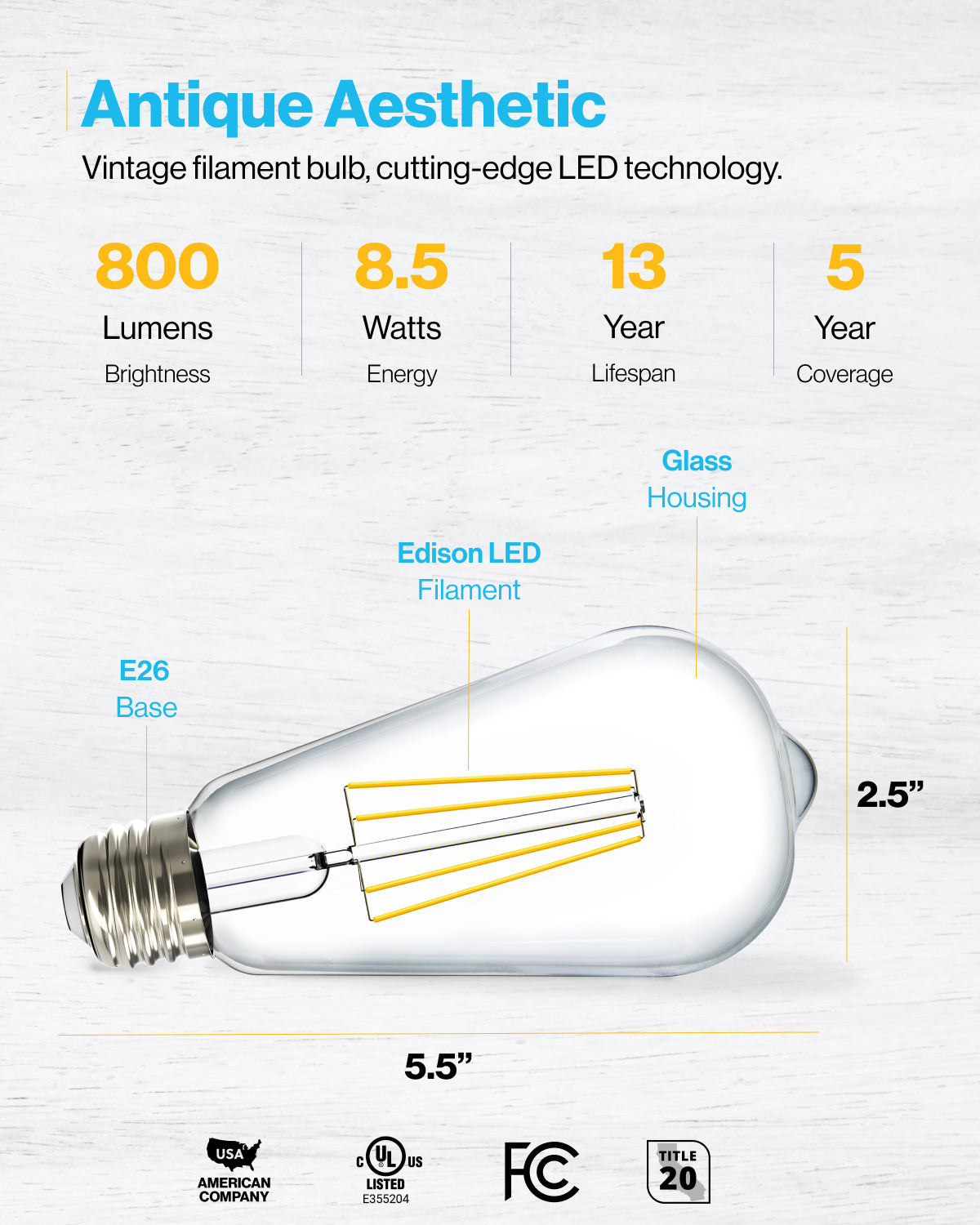 Ampoule Filament LED déco verre ciselé ST64, culot E27, 240 Lumens, Blanc  chaud