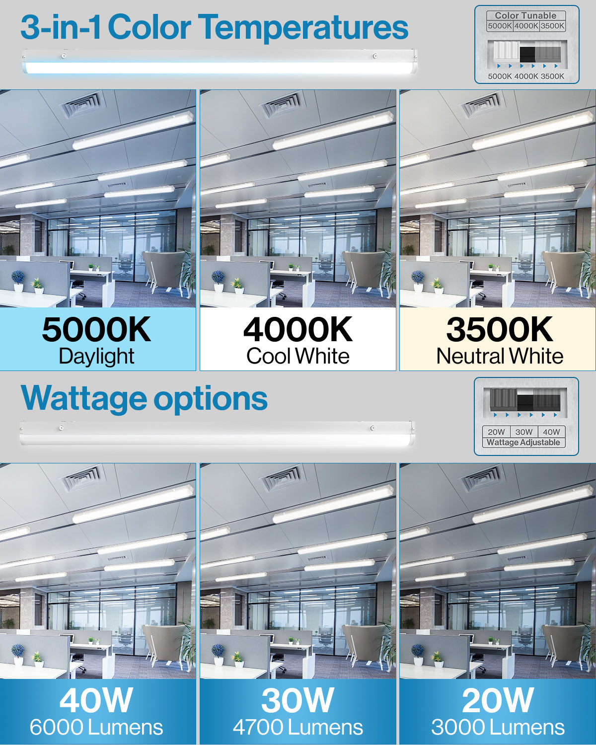 Try out the various wattage options (40W, 30W, 20W) and color temperature options (5000K, 4000K, 3500K) using the slider switch on back of the LED strip light fixture, then lock in your preference during the installation process.