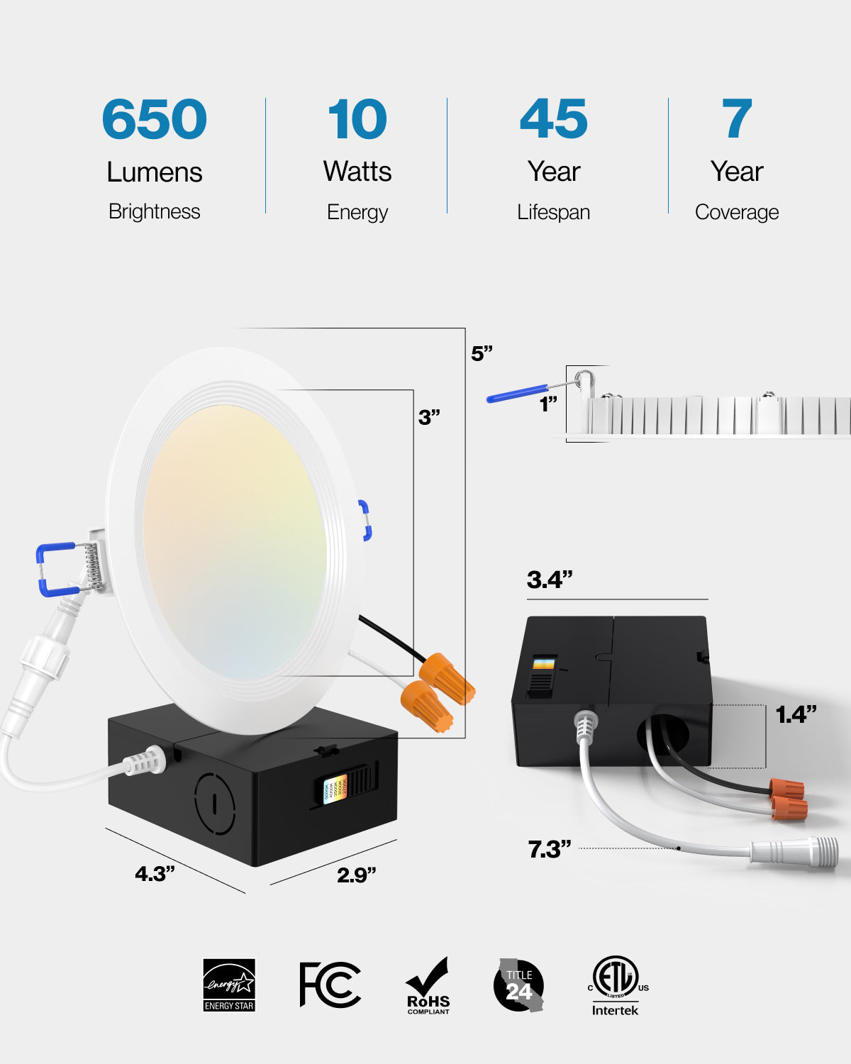 Recessed LED Lighting, 4 Inch, Slim, Baffle Trim, Selectable CCT
