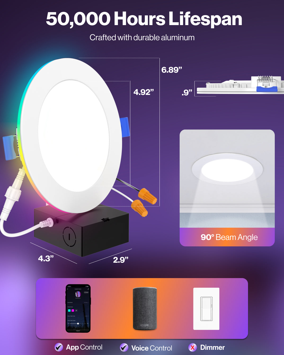 Smart Light 6 Led Module Recessed LED Lighting, 6 Inch, Smart Night Light Slim, Wafer Thin, Smo ...