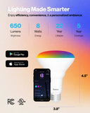 Dimensions of the BR30 LED Smart Bulb diameter: 3.74 inch, height: 5.08 inch and base is E26. Technical specs include Wattage: 8W, Brightness 650 lumens, choice of 16 million colors, along with tunable white and smooth dimming. This convenient light bulb allows you to change light settings.