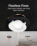 A Goof Ring is the ideal solution to cover rough drywall, hide oversized holes or mis-cut ceiling, and the accidental removal of drywall when you upgrade your recessed lighting.