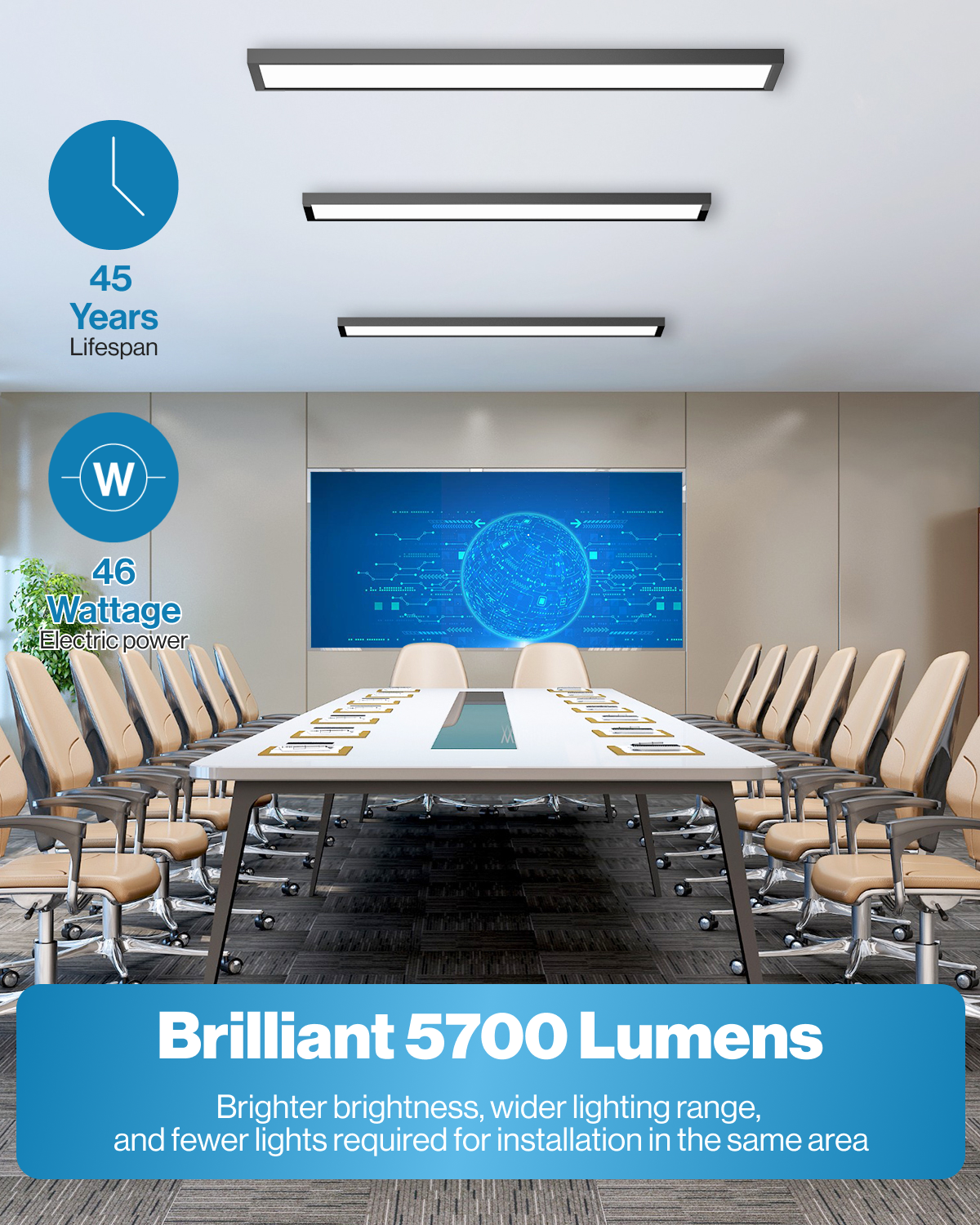 LED Ceiling Panel Light, Black, 46W, 1X4, Selectable Brightness & CCT, 5700 Lumens