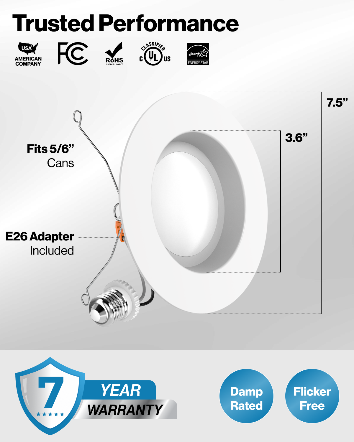 LED Recessed Lighting Kit 5 6 Inch Smooth Damp 965LM