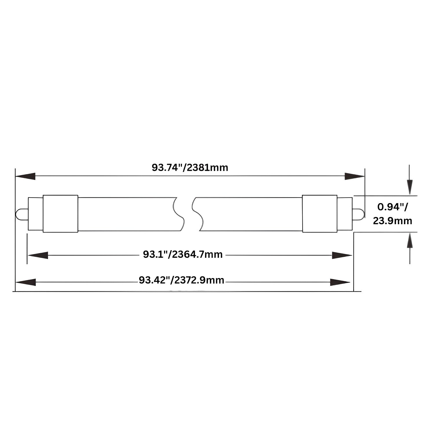 Fa8 T8 LED Tube, 8ft, FA8 Base, Frosted, Bypass, Type B, 40W, Double Ended ...