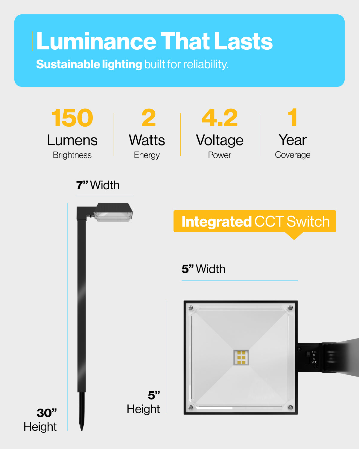 Sunco Lighting LED Solar Sidewalk Light 150 Lumens 2 Watts 4.2 Voltage Integrated CCT Switch 1 Year Warranty 
