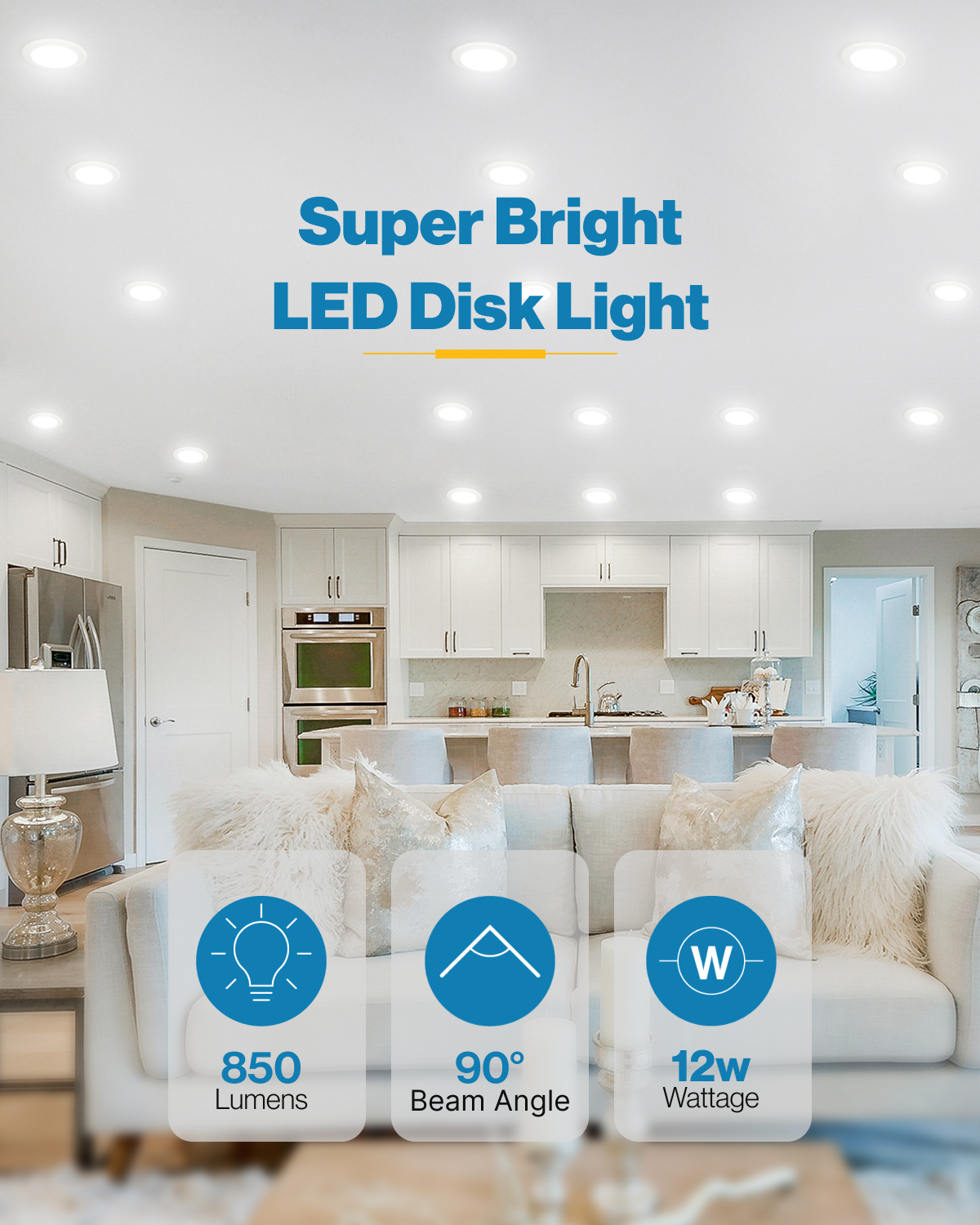 Recessed LED Lighting, 5/6 Inch, Disk Downlight, 12W, 850 Lumens