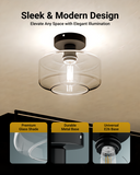 The Semi-Flush Farmhouse Ceiling Light features a premium glass shade, durable metal base, and a universal E26 base.