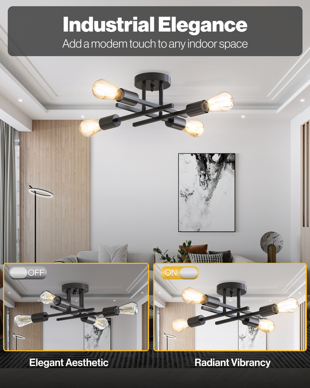 Sputnik Industrial Ceiling Light with ST64 Filament Bulbs 3200 Lumens