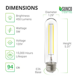 Dimensions of the T10 LED Filament Bulb with Dusk to Dawn technology. Diameter: 1.29-inches. Height: 5.31-inches. Other tech specs include Base Type: E26 base, brightness: 450 lumens, Wattage: 5W, Equivalency: 40W, Voltage: 120V, Lifespan: 15,000 lifetime hours. This tubular LED bulb has a clear, glass housing with the LED filament inside. This retro styled light bulb works well in pendants, wall sconces, modern dining room light fixtures, and string lights.