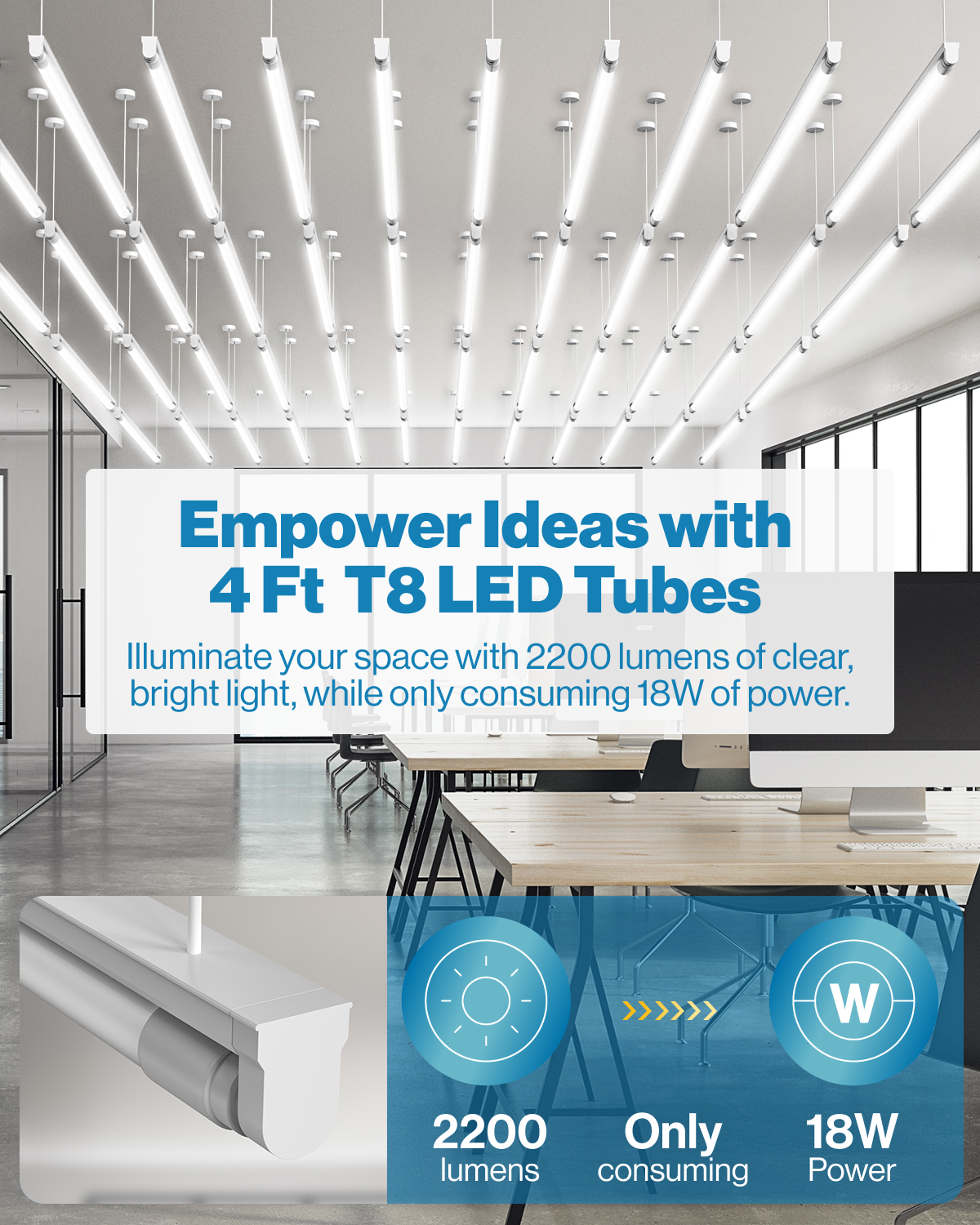 Ended Power: length: 4ft or 48-inches, diameter: approximately 1.12-inches. Includes a G13 Base and is a compatible LED replacement for T8, T10, T12 tubes. With an easy install you can convert to LED for instant energy savings (up to 85%). 1 LED tube equals 2 fluorescent tubes with a 18W LED and a 40W fluorescent. In addition, these tubes are instant on for immediate bright light.