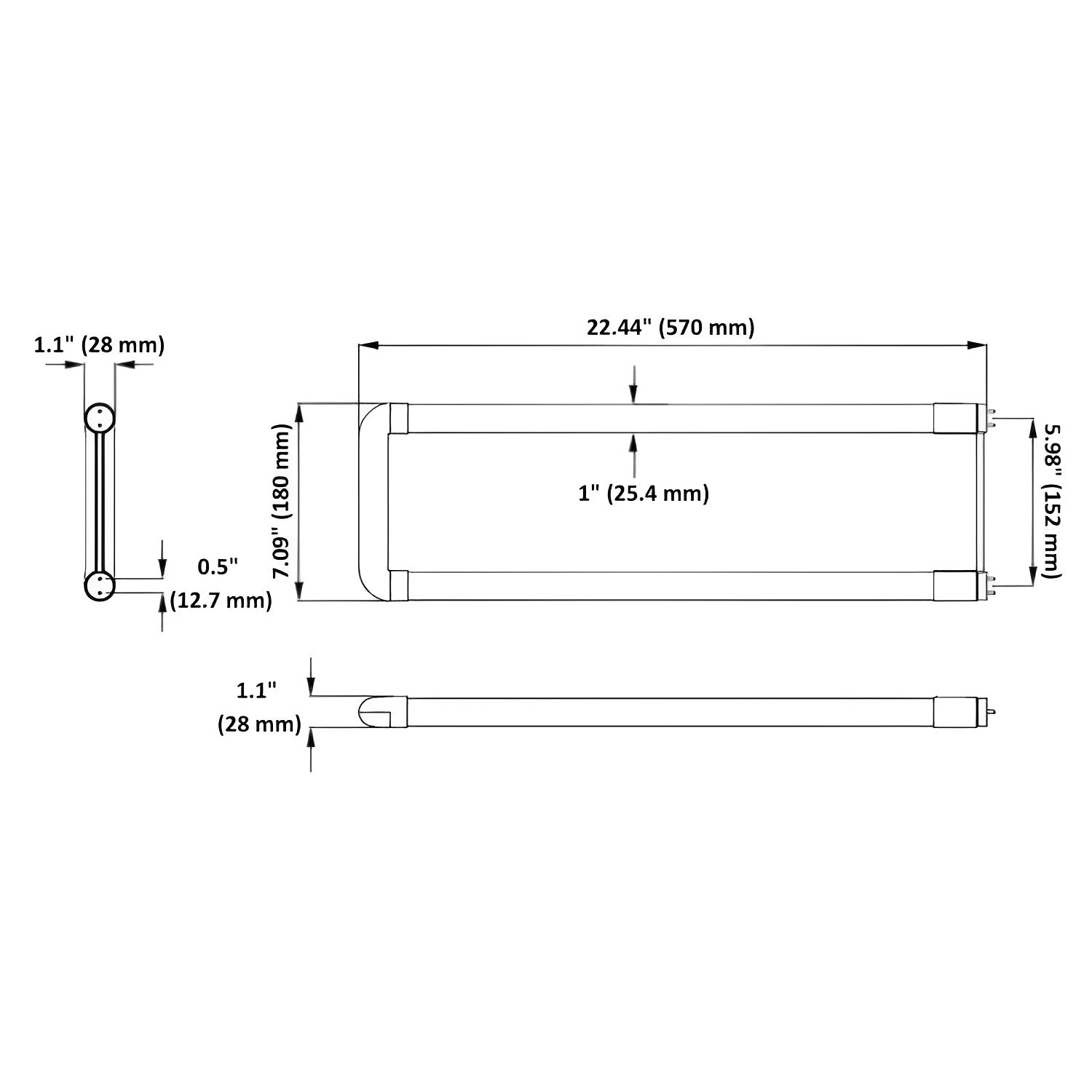 Dimension of 2Ft 15W 1900LM 3500K 4000K 5000K, Frosted Cover T8 U Bend LED Tube, Plug & Play, Hybrid Type A+B