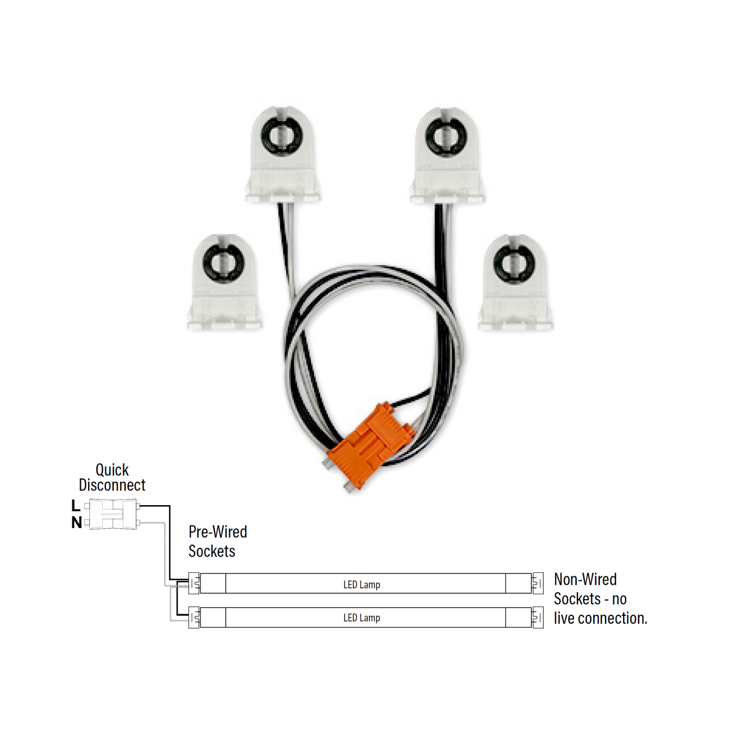 Wiring Harness for Single-End, Non-Shunted Tombstones, T8/T12 Socket