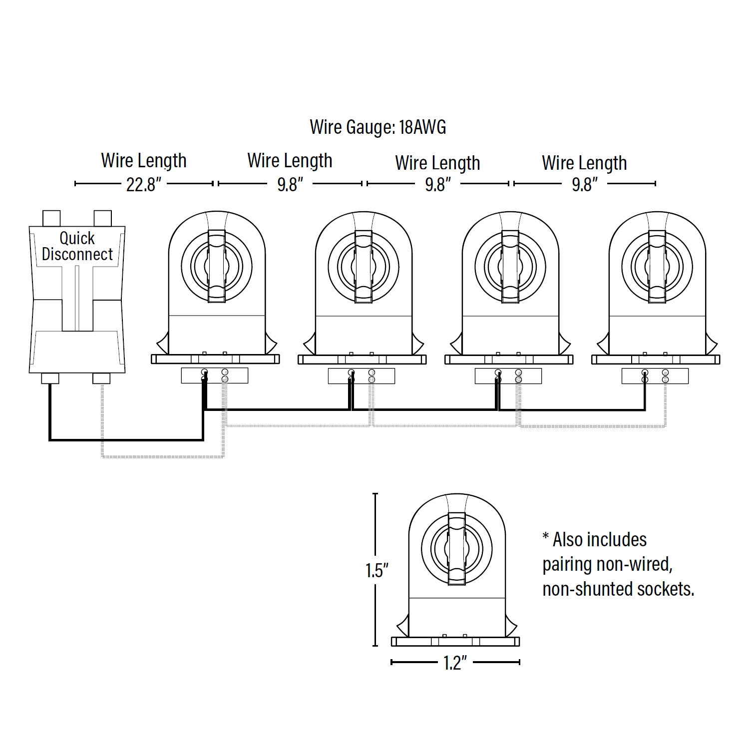 Wiring Harness for 4 Single-End, Non-Shunted Tombstones, T8/T12 Socket Wiring Harness for 4 Single-End, Non-Shunted Tombstones, T8/T12 Socket
