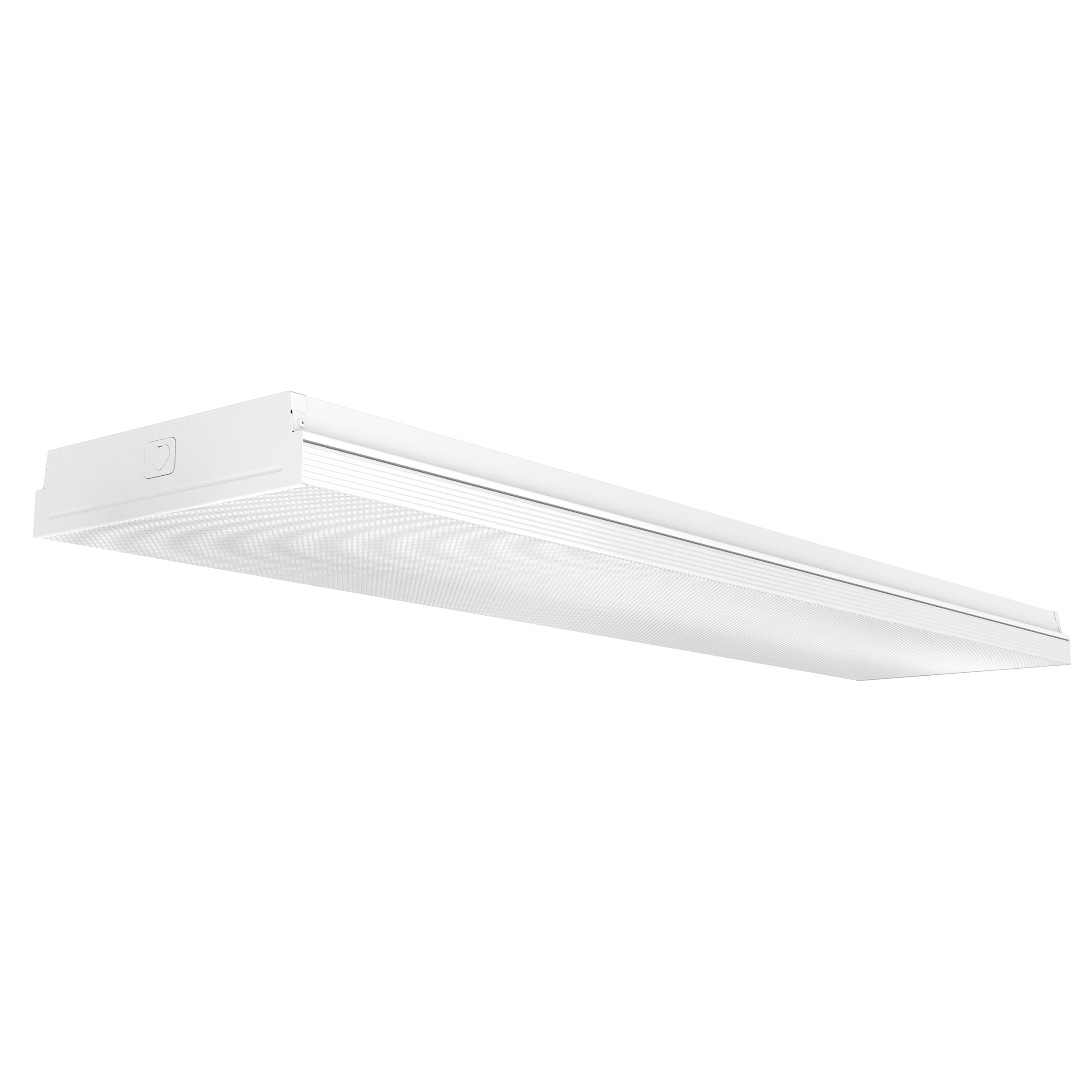 The 11-inch Prisma Wraparound LED Shop Light with a prismatic lens cover offers 50,000 lifetime hours so you do not need to relamp as often as with your traditional tube light fixtures. It consumes only 72W and is equivalent to a 300W fixture. It offers instant on, bright light with an impressive 8500lm high lumen count. Image here shows the full 4ft length of the LED shop light. This light is flush mounted and not suspended.