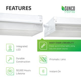 The features of the Sunco 7-inch Prisma Wraparound LED Shop Light include daisy chain linkability. Power up to 6 shop lights using only one power source with this light fixture you can install in a few easy steps. Features integrated LEDs, a prismatic lens cover, and durable construction. Delivers instant on, bright light with a lifetime of 50,000 hours. Image shows two wraparound fixtures linked with an included, short linking cable.