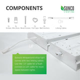 Components of the Sunco 8.5-inch Prisma Wraparound LED Shop Light. 2x screws, 3x wire nuts, 4x wood screws, 2x end caps, 4x wall anchors, 2x linking cables. Our wraparound shop lights come with two linking cables of varied sizes. Use the 1.5-inch connector for a flush connection or the 8-inch cable for more space between the lights. You can link up to 5 of these shop lights together on one power source. 