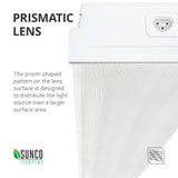 Prismatic Lens. The prism-shaped pattern on the lens surface was designed to distribute the light source over a larger surface area. Image shows a closeup of the prismatic lens cover on the 7-inch Prisma Wraparound LED Shop Light. Also shows the plug used for connecting multiple shop lights together. You can connect up to 6 of this type.