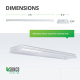 Dimensions of the 60W Sunco 8.5-inch Prisma Wraparound LED Shop Light. Length: 4ft, Width: 8.5-inches, Height: 2.55-inches. This light fixture is direct mounted to the ceiling with a J-box (not included). The seamless flush mount means your light fixtures enhance the minimal look of your space. With overhead and instant on bright (7200lm) light you can light up any workspace. This light is damp rated for use indoors.
