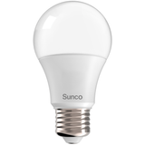 This A19 LED Bulb from Sunco Lighting is safe for artwork as it emits no UV light. These light bulbs are not dimmable. They fit in any light fixture with an E26 socket. The 9W bulb is a 60W equivalent, making it an ideal LED replacement for most household fixtures. The bulb lights up instantaneously, so you don’t have to wait for it to warm up. Delivers 850 lumens of bright light. Image shows the bulb with its frosted housing and E26 base.