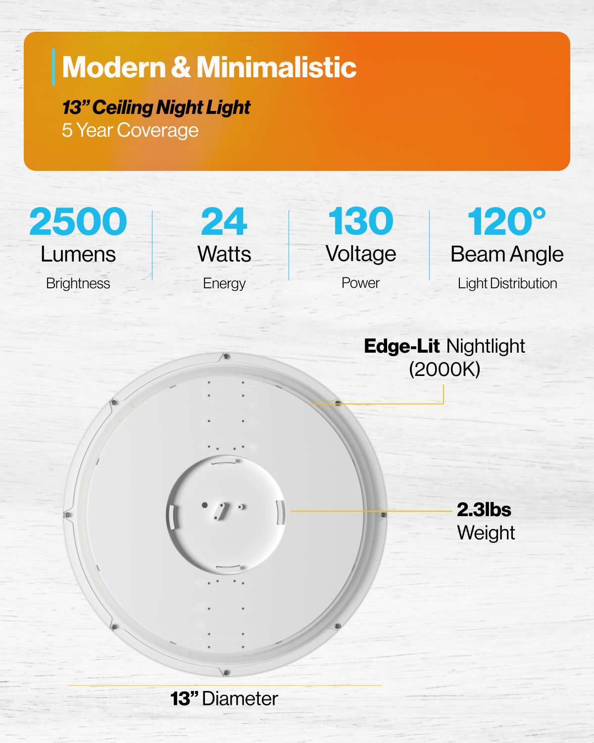 Sunco Lighting 13" Selectable White Ceiling Nightlight Specifications 2500 Lumens 24 Watts 130 Voltage 120 Beam Angle
