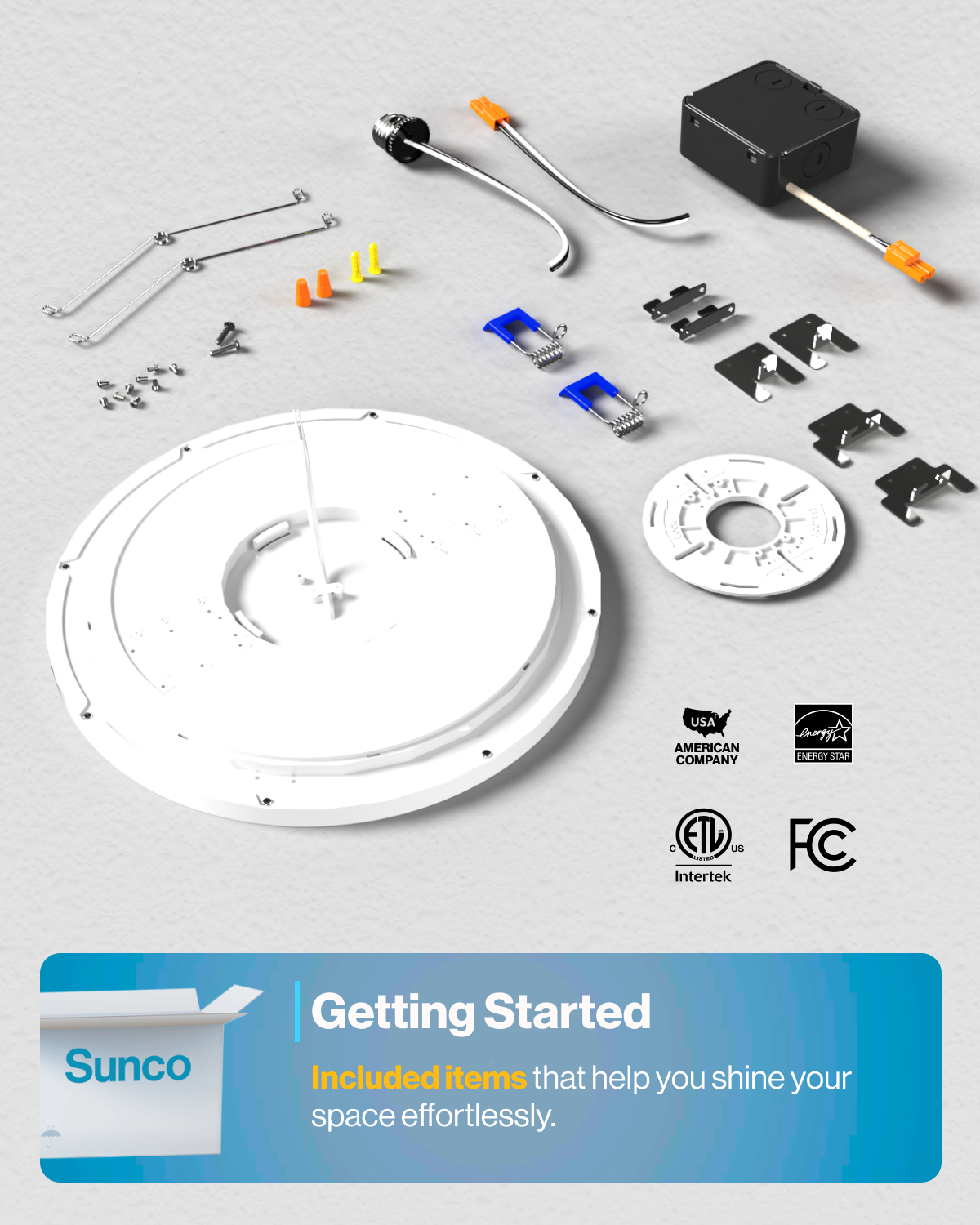 Sunco Lighting 13" White Ceiling Light Included Items Brackets Springs Junction Box TP24 & E26 Connector Adapter Plate