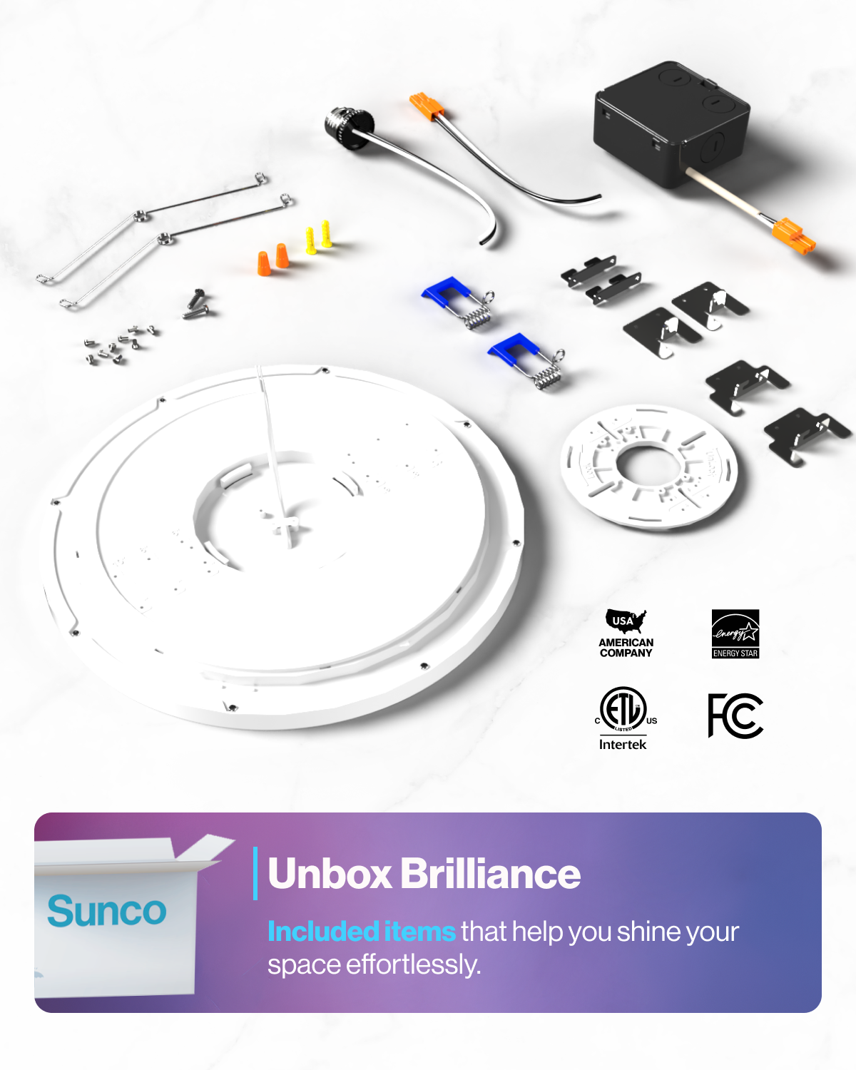 Sunco Lighting 13" Smart Ceiling Light Included Items Brackets Springs Junction Box TP24 & E26 Connector Adapter Plate