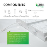 Sunco’s wraparound shop lights come with two linking cables. Use the 1.5-inch linking cable to create a flush connection between two 11-inch Wraparound LED shop lights like this one. Use the 8-inch cable for more space between the lights. Components include: 2x screws, 3x wire nuts, 4x wood screws, 2x end caps, 4x wall anchors, and 2x linking cables.