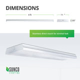 Dimensions of the wet rated Sunco 11-inch Prisma Wraparound LED Shop Light include: 4ft length, 11-inch width, 2.55-inch height. Image shows the seamless, minimal look of the surface mounted LED light fixture against a ceiling. Simply direct mount to your J-box to install.