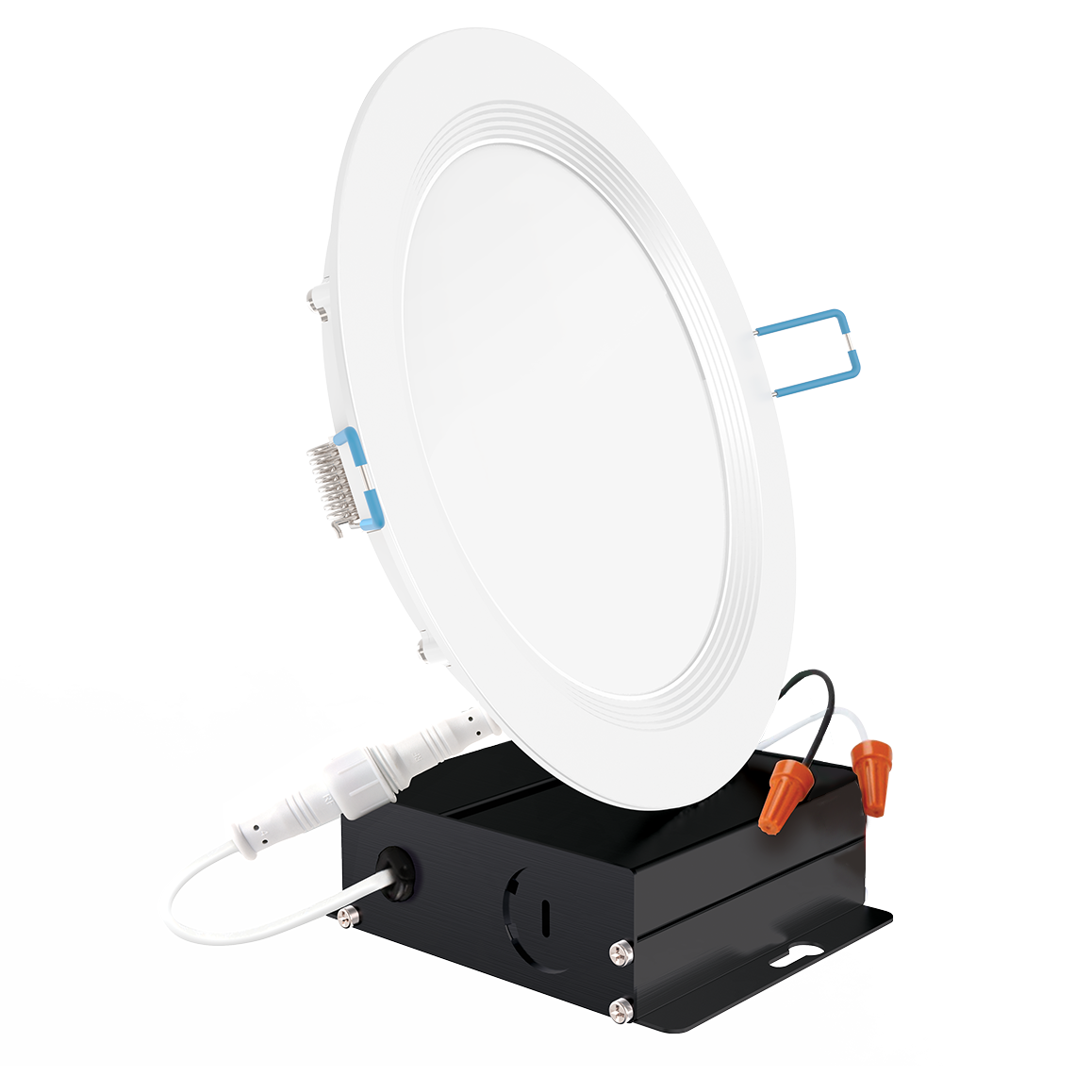 The all-in-one Sunco 6-inch Slim LED downlight with baffle trim includes everything you need to quickly install it. Includes junction box, wires, wire nuts, springs, and is dimmable from 100% to 10%. IC Rated for use near insulation in a ceiling, this LED Downlight does not require a recessed can to create beautiful, bright (850lm) light. Since it offers such a slim profile, this LED fixture can fit in up to 2-inch minimum clearance for adding downlights to narrow ceilings and crawl spaces.