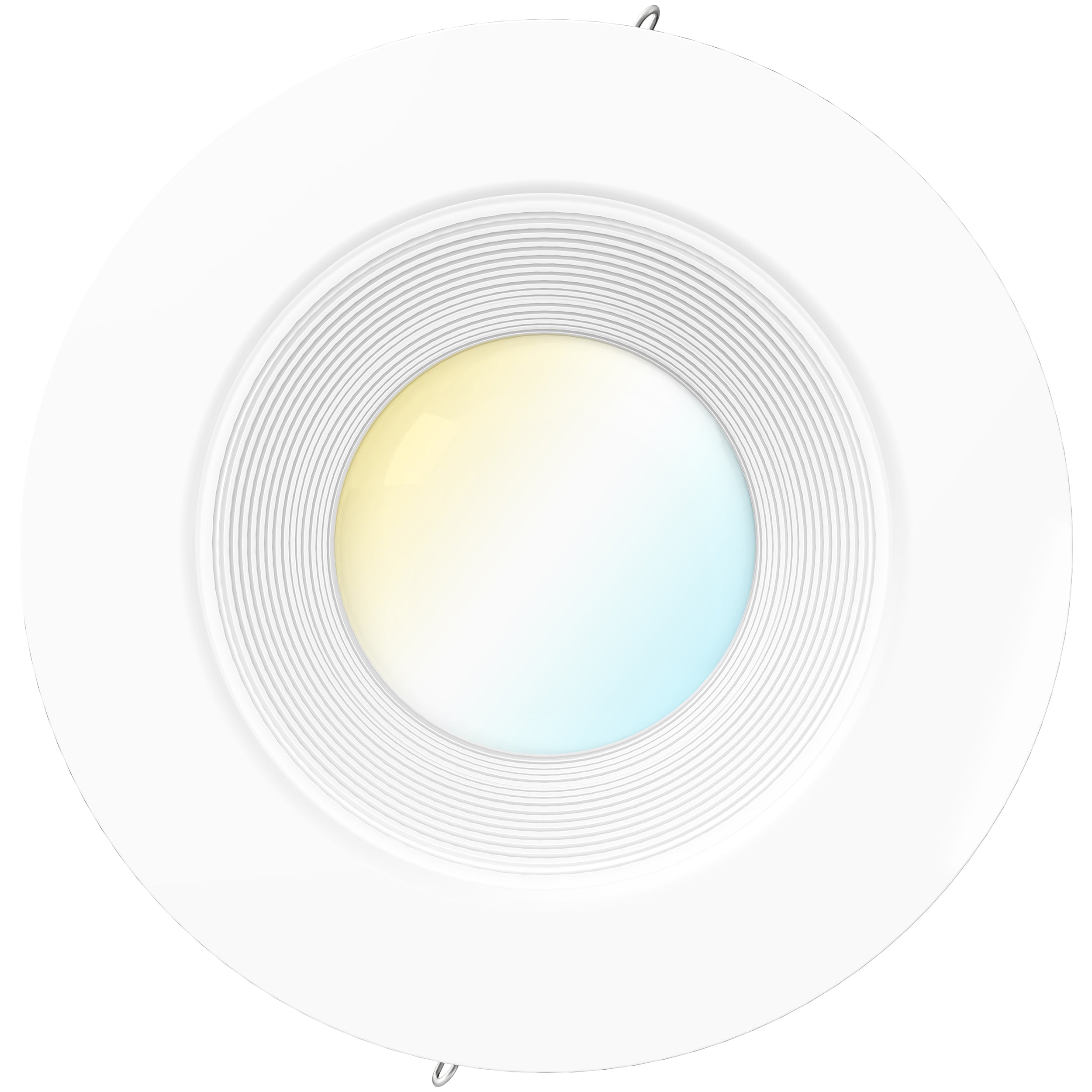 The Sunco 5- to 6-inch Retrofit ceiling light with selectable CCT features a baffle trim which can be clearly seen here. The uniformed grooves create soft light with minimal glare. Our recessed light fits inside recessed cans and is held in place by spring clips. It includes a slider to change color temperature during installation. It comes with an E26 adapter and a TP24 connector to power the light. A foam gasket on the back of the light helps form an airtight seal. 