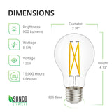 A19 LED Filament Bulb with Dusk to Dawn technology Dimensions. Diameter: 2.36 inches, Height: 4.13 inches, Base: E26. Other specs: Brightness: 800 Lumens, Wattage: 8.5W, Voltage 120V and a 15,000 hour lifespan. The Filament bulb style is a popular retro style with the vintage look of filament wires inside a glass bulb. LED filaments feature the same look and feel of traditional filament glass bulbs, but with high tech, low wattage consumption, and a long lifespan.