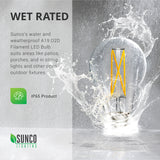 Wet Rated. The IP65 Sunco A19 LED Filament Bulb with Dusk to Dawn technology is water and weatherproof and IP65 rated. The wet rating makes it suitable for areas like patios, porches, gardens, string lights, open light fixtures to show off the popular vintage style, and other outdoor spaces.
