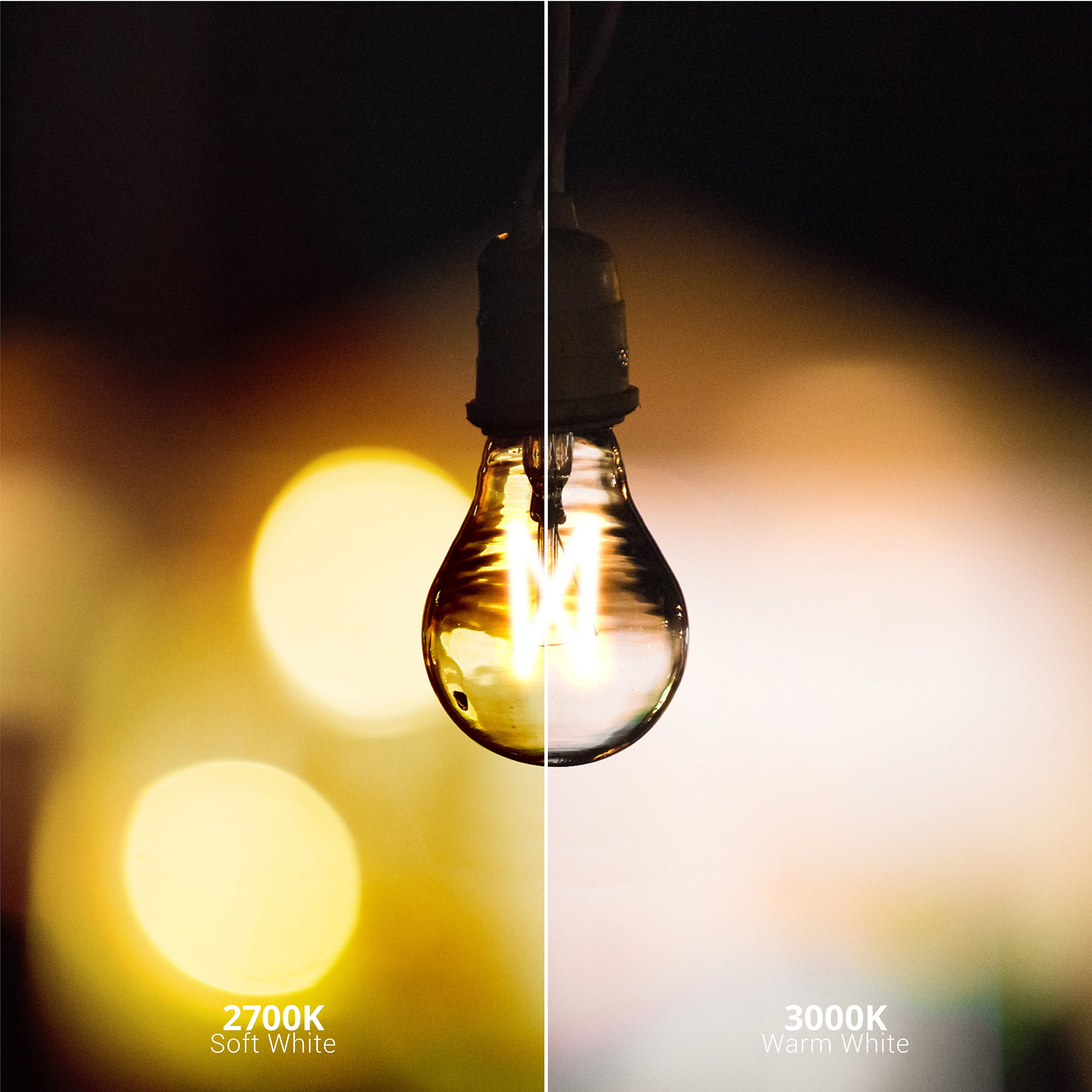 This A19 LED Filament Bulb with Dusk to Dawn provides a nice amber glow with its 2700K Soft White color temperature. 2700 Kelvin color temperature is a warm, cozy hue that works well in relaxed settings such as living rooms, bedrooms, libraries, and on table tamps. Pictured is a set of A19 LED Filaments in string lights decorating an outdoor patio space.